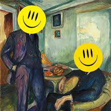 Vintage painting with bright yellow Clones smiley faces over the figures